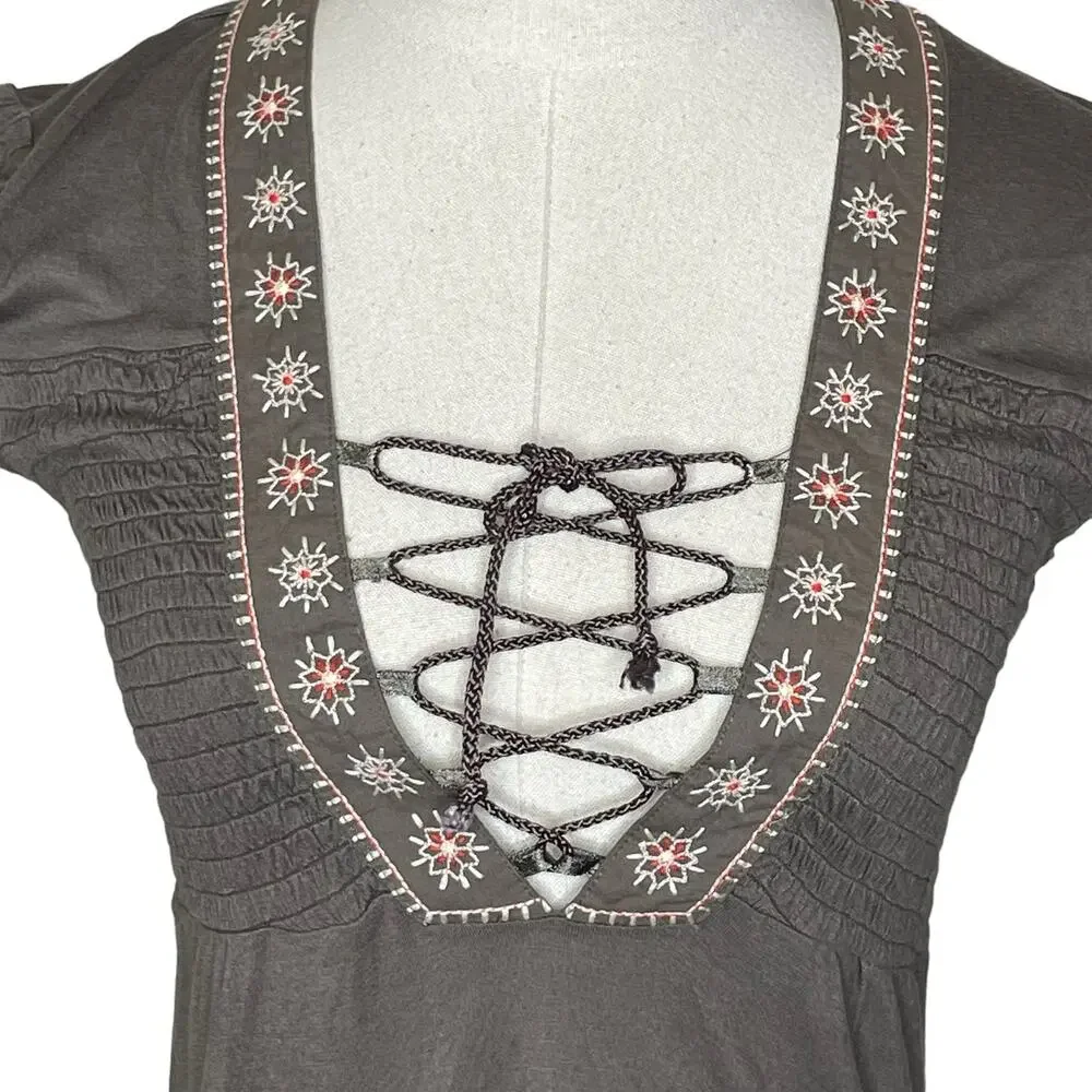 Free People Size XS Minidress Lace Up Bodice Embroidered Smocked Tiered NWT